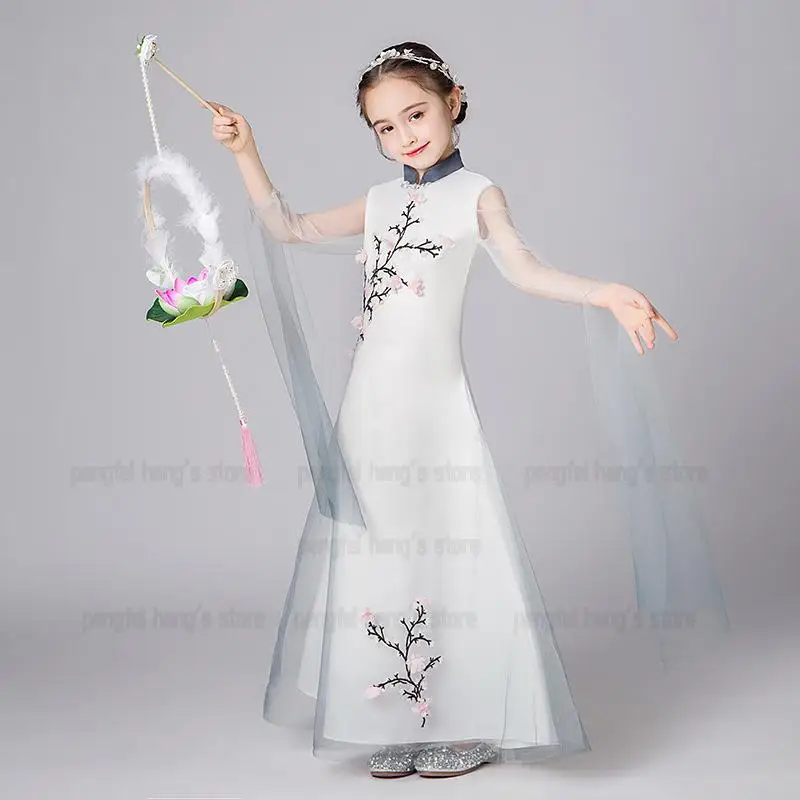 

Girls Cheongsam Chinese Style Guzheng Stage Performance Costume Mesh Flower Esprincess Dress Ancient Style Chinese Hanfu Dress