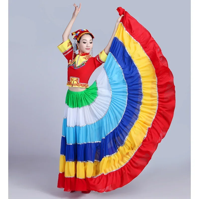 Grande jupe balançoire pour le festival de la torche de juillet, vêtements colorés, vêtements de performance de danse des minorités ethniques veangshan, ensemble une pièce