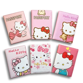 ピンクのハローキティパスポートカバー、PUレザー、女性用クレジットカードホルダー、女性用ビジネスIDバッグ、キッズギフト、サンリオ