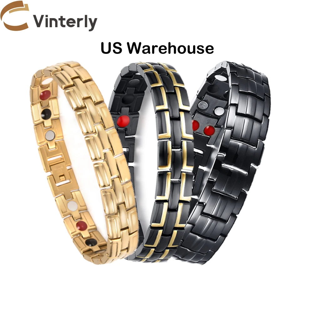 US Warehouse Magnetic Bracelets Male Link Black Wristband Magnetic Therapy Benefits Health Energy Stainless Jewelry Dropshipping