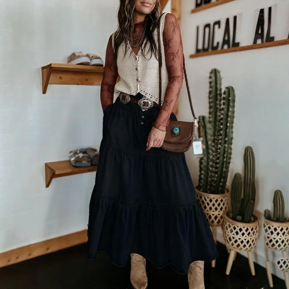 Denim Maxi Skirt Bohemia Style Women's Denim Skirt with High Waist Button Fly Multi-layer Ruffle Stitching Long Casual for A