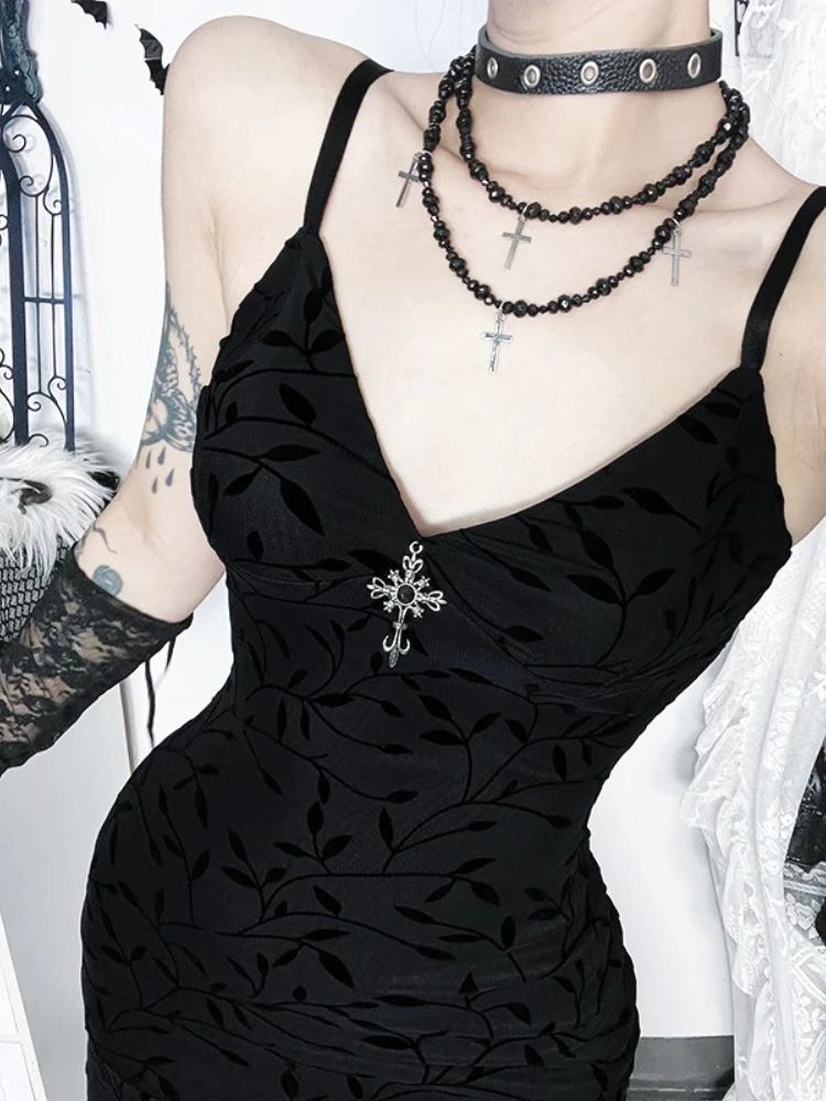 AltGoth Fairycore Grunge Gothic Flockingชุดผู้หญิงDark Vintage Elegantสปาเก็ตตี้สายคล้องคอเอวไม่สม่ําเสมอHemชุดหญิง