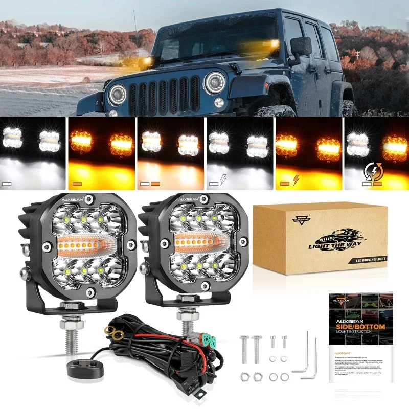 1Pair 3Inch 96W LED Square Pod Light with Memory Function 6 Modes Driving Light for Offroad Truck SUV ATV UTV Boat