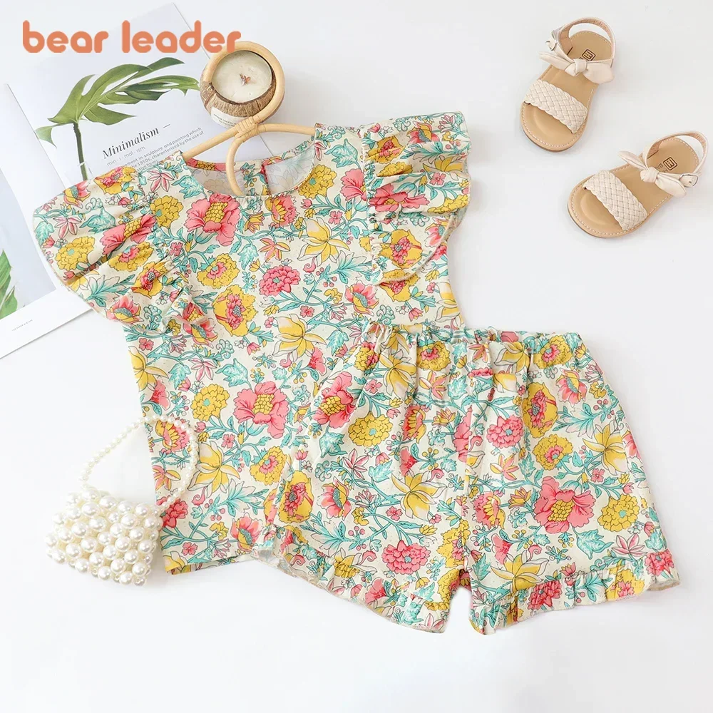 Bear Leader Summer Sweet Girl Clothes Floral Fly Sleeves Round Neck Top and Shorts Set Korean Version Casual Children's Clothing
