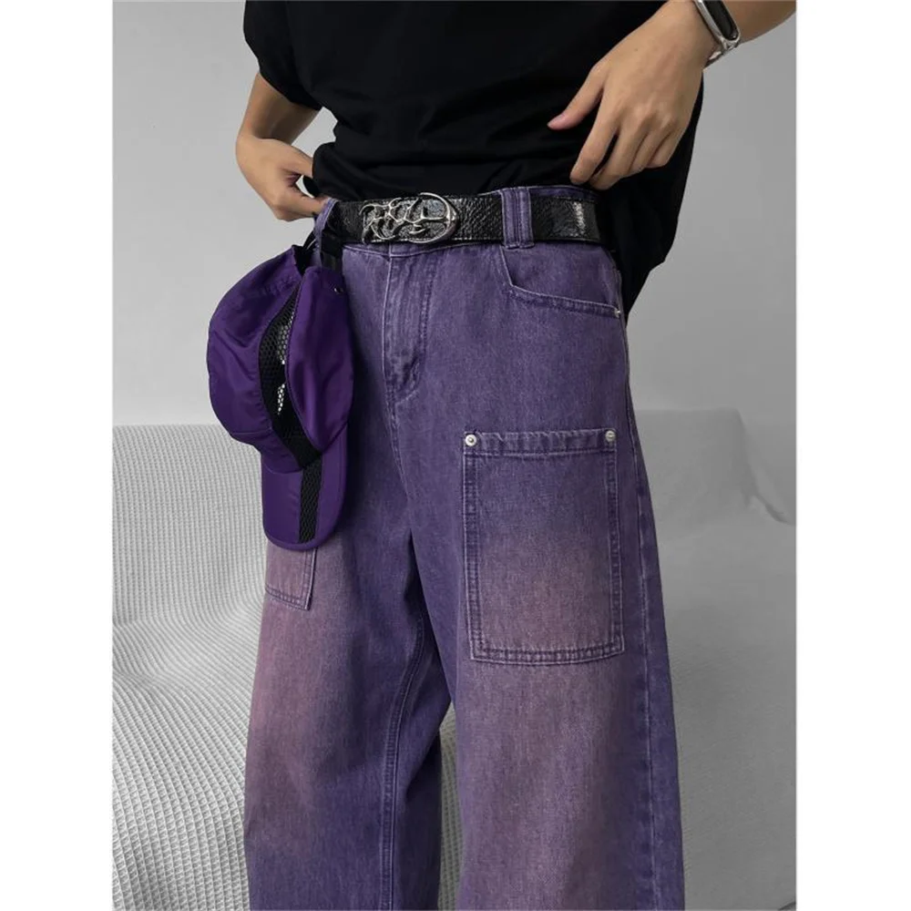 Jeans Pria Jepang Jeans Ungu Modis Celana Baggy Kargo Denim Tari Skateboard Pakaian Jalanan Kasual Antik Lurus Longgar