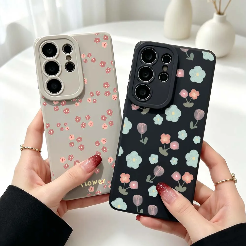Cartoon Pink Blue Flowers Silicone Cover For Samsung Galaxy S26 S25 S24 S23 S22 S21 Ultra Plus FE Drop-resistant Phone Case