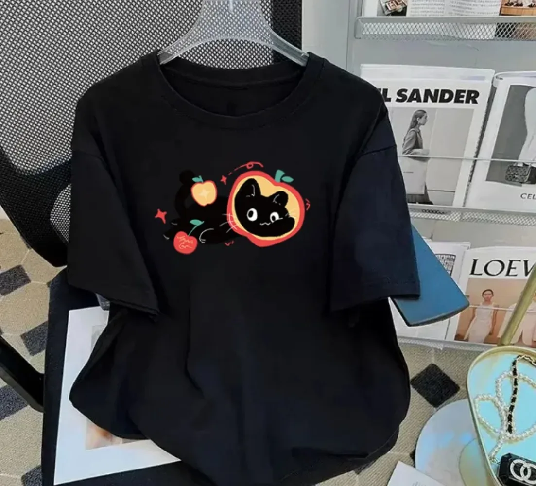 Divertenti magliette Black Cat Life T-shirt con stampa faccia di gattino maniche corte T-shirt girocollo con grafica carina estiva Regalo per gli amanti degli animali Top Tees