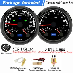 Custom 85mm 2 Gauge Set With Sensors 3 in 1 Gauge 200kmh 120kmh GPS Speedometer VOLT Fuel 3000~8000RPM Tachometer Temp Oil Press