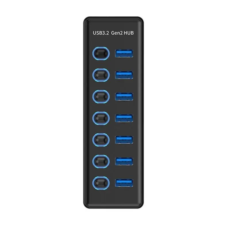 T23C 7 Port USB3.2 Gen2 HUB 10Gbps USB 3.0 Hub With Individual Switch Control LED Indicator With Power Adapter US Plug