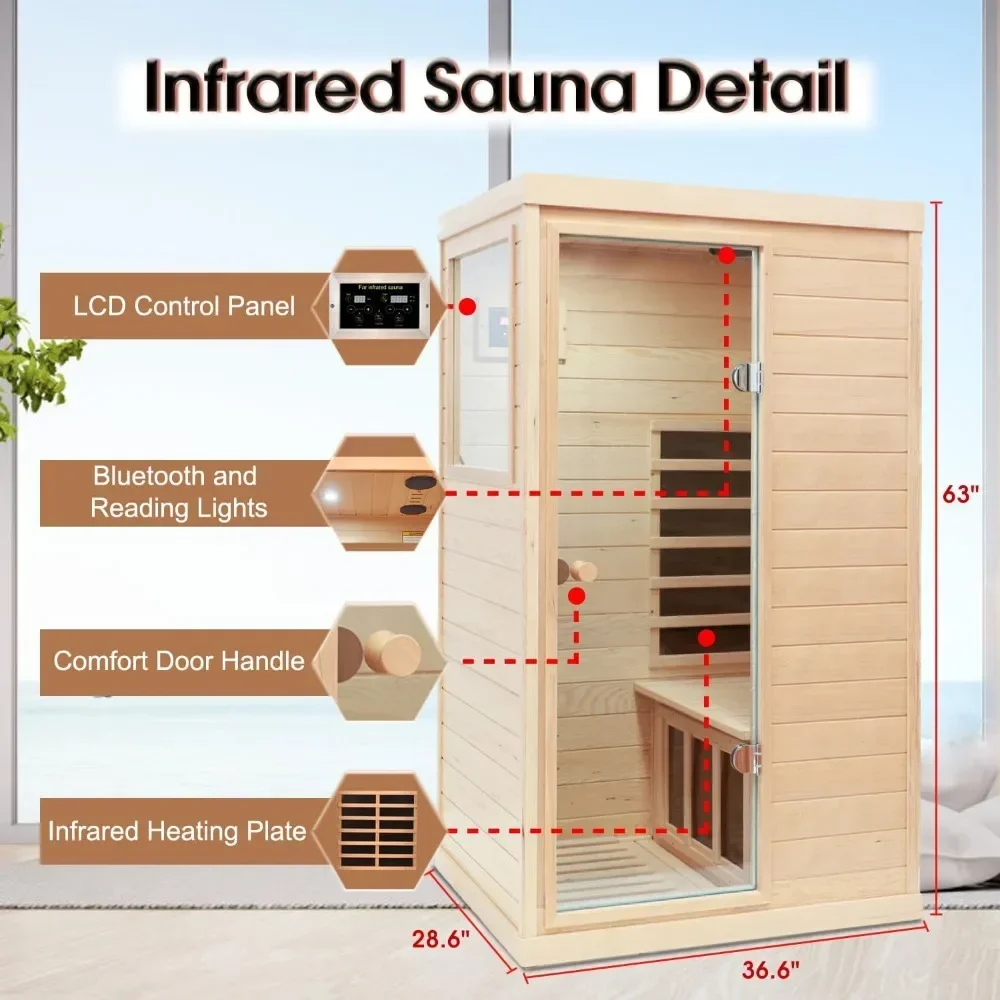 Sauna 1 Person Far Infrared Sauna for Home, Low EMF Heaters, 2 Bluetooth Speakers, 1 LED Reading Lamp Wood Sauna Room Left Door