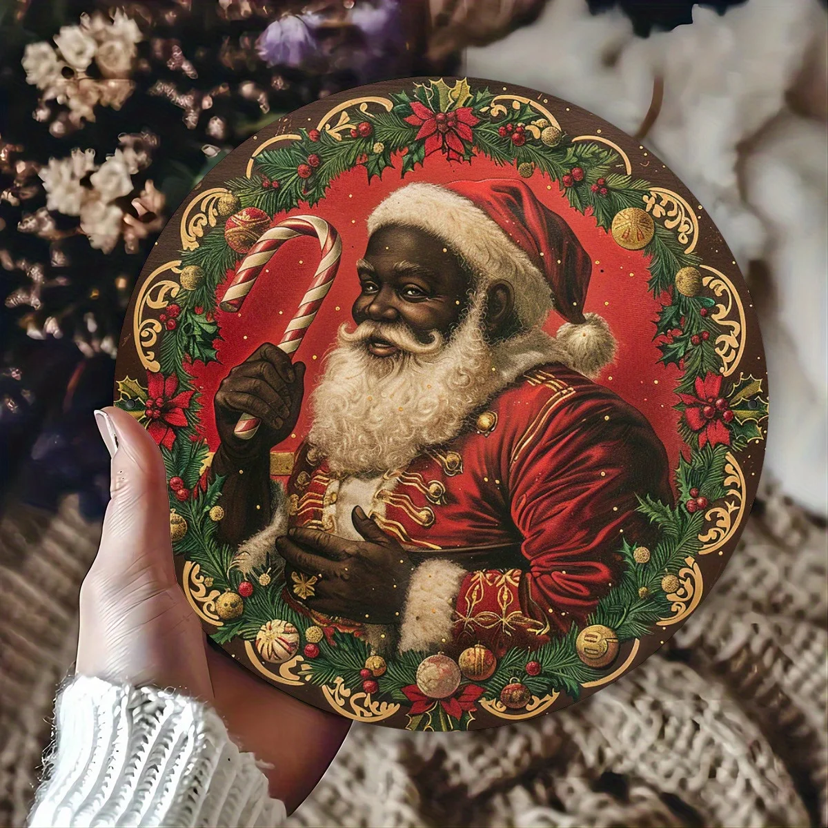 Charming Vintage Black Santa Claus Round Metal Sign - Perfect for Christmas Decor, Ideal for Home, Cafe, Restaurant Indoor & Out