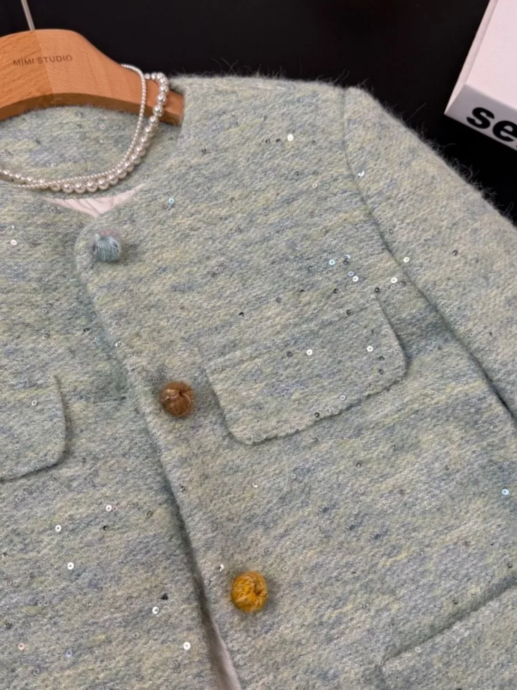 الحلو 2025 جديد إمرأة شتاء دافئ أسفل معطف س الرقبة واحدة الصدر الصوفية سترة قصيرة كم طويل مكتب سيدة ملابس خارجية غير رسمية #5