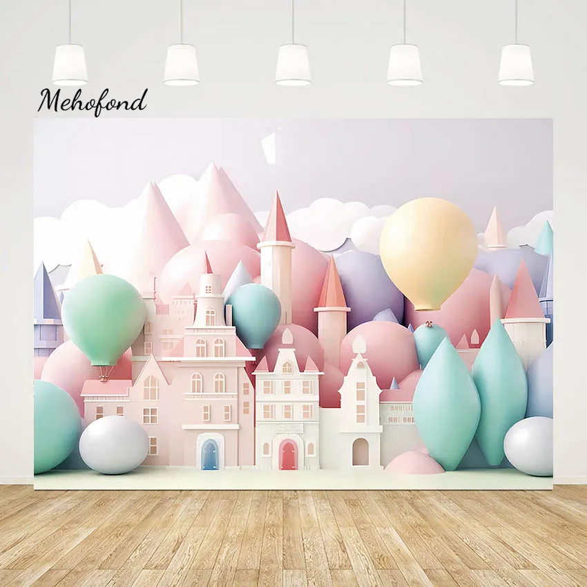 

Mehofond Photography Background Pink Princess Girl 1st Birthday Party Cake Smash 3d Castle Balloon Decor Photo Backdrop Studio