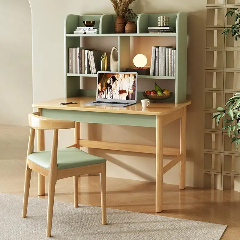 Cream Style Home Computer Desk Nordic Light Luxury Desk Bookshelf Integrated Combination Simple Solid Wood Writing Desk