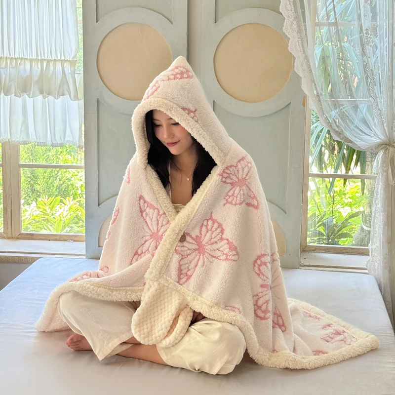 Jacquard Shawl Blanket with Hat Gloves Butterfly Design Cloak Blanket Warm Soft Faux Lamb Fur for Winter New Year Christmas Gift