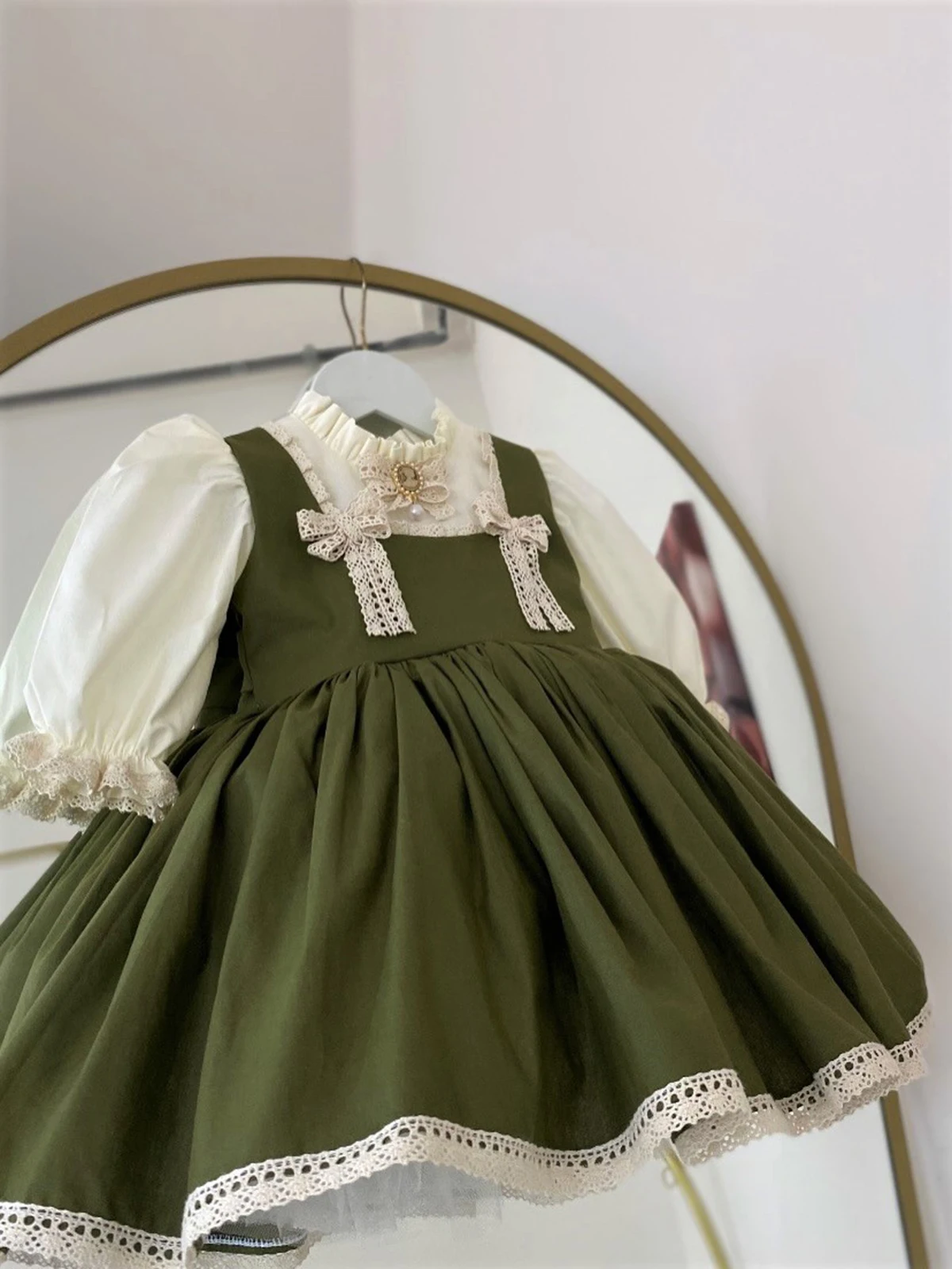 Spring Autumn Girls Vintage Lace Green White Dress For Casual Party Birthday Wedding Photography