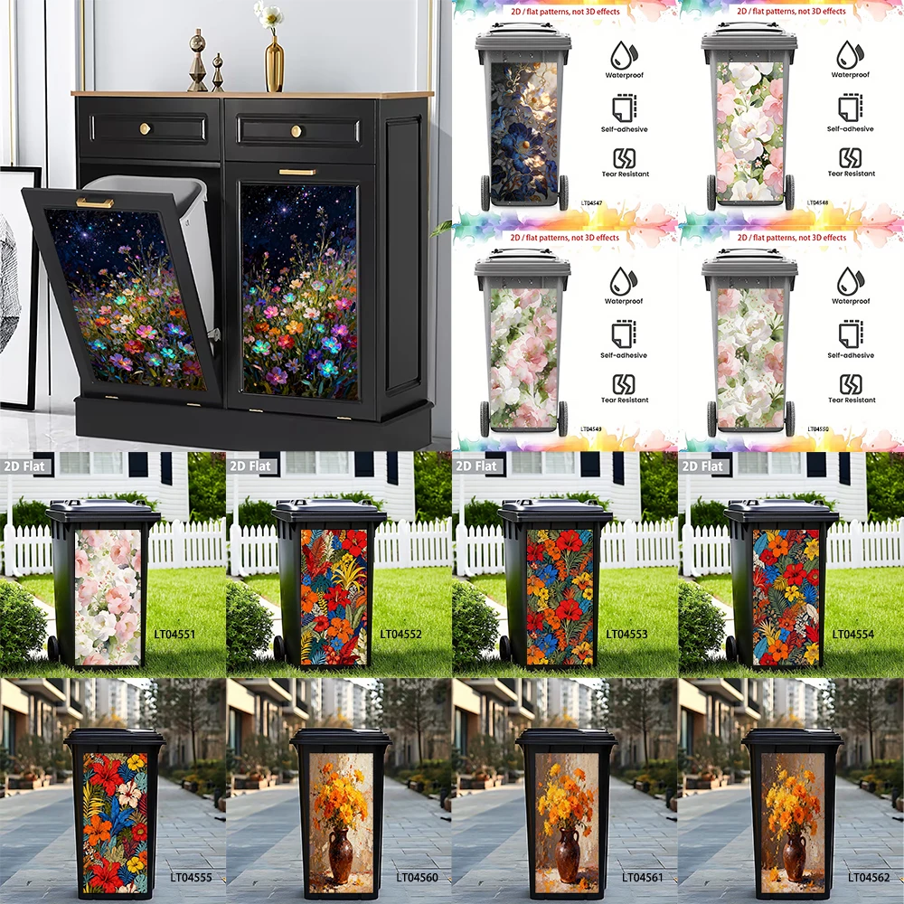 

Orchid & Butterfly Trash Can Sticker, Elegant Floral Design Waterproof Removable Outdoor Garbage Bin Decor