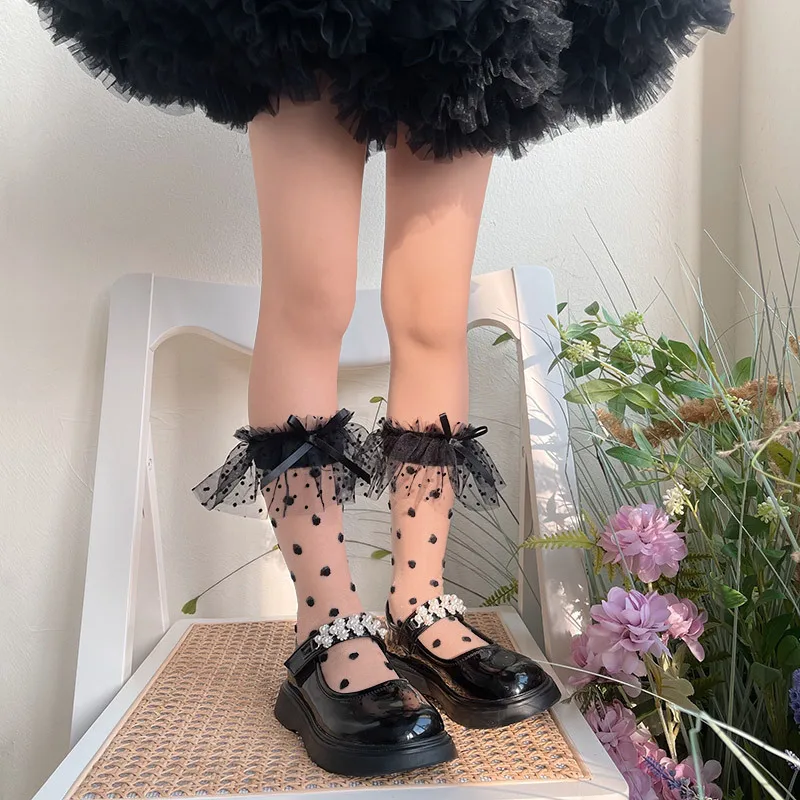 

2023 Japanese New Product Full Star Dots Straight Version Crystal Female Children's Baby Lace Socks Lolita Cute Pile Socks