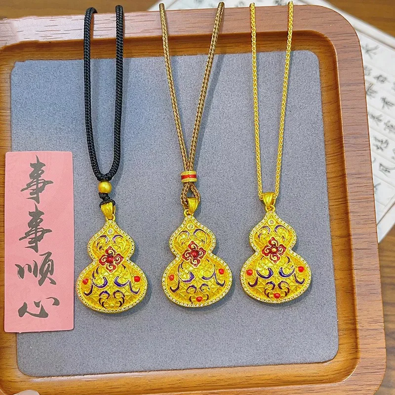 

National trend hollow 24K real gold gourd pendant necklace Chinese gold pendant temperament women's sweater chain
