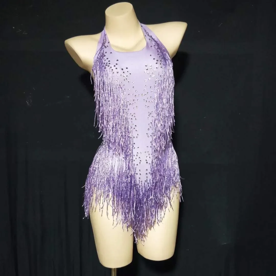 

Shining Tassel Nightclub DS DJ Gogo Rhinestones Bodysuits For Women Halter Backless Sexy Costumes