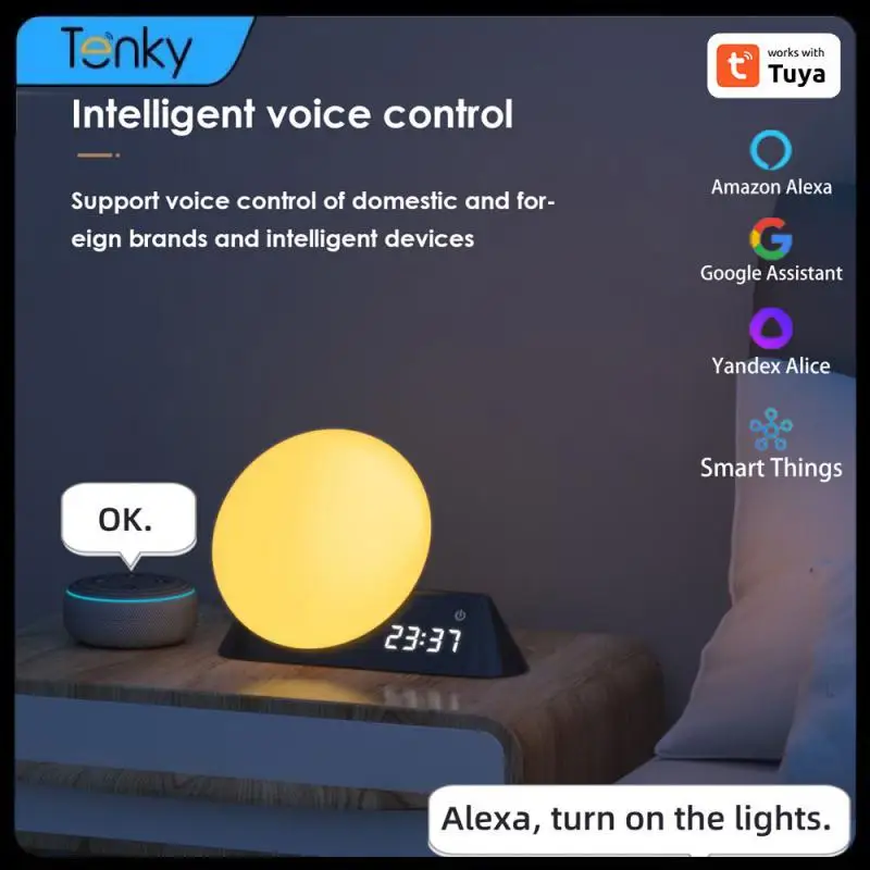 

Работает с Alexa Home ночник с часами с 15 часами-будильником с успокаивающим звуком, 10 цветов, светодиодное ночное освещение приложения Tuya