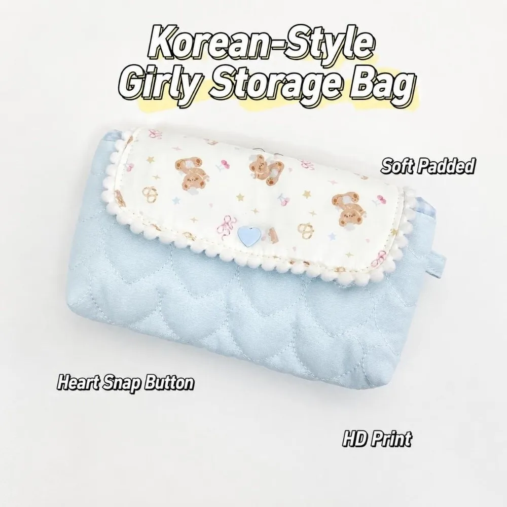 Multifunctional Bear/Puppy/Strawberry Print Pencil Case Quilted Large Capacity Lace Pen Bag Lace Flap Makeup Bag