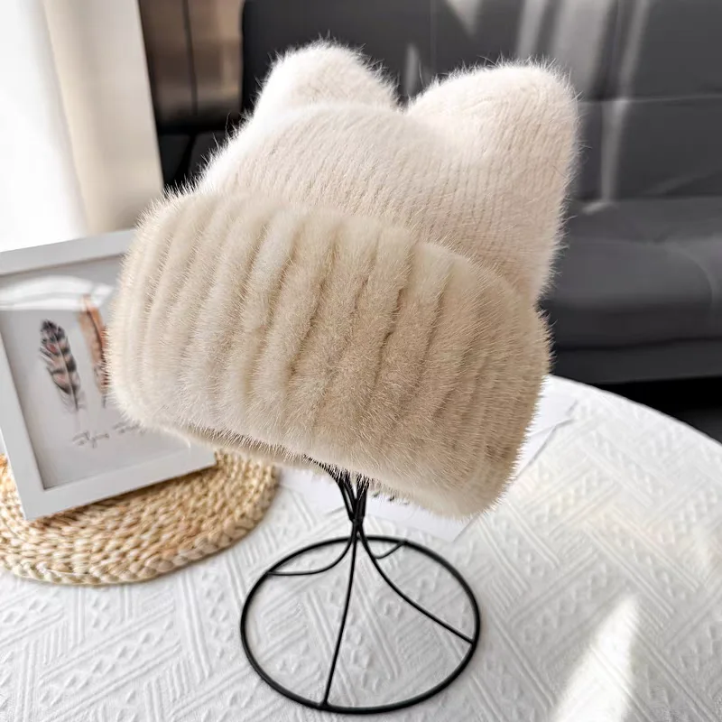 قبعة شتوية فاخرة للنساء من الصوف المحبوك الدافئ مع حواف من فرو المنك الحقيقي، بيع المصنع مباشرة للسفر