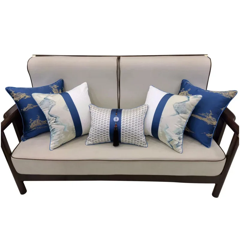 Blue Landscape Pillow Cover with Tassels White Grid/ Splash-Ink Patchwork Cushion Cover Waist Pillow Case