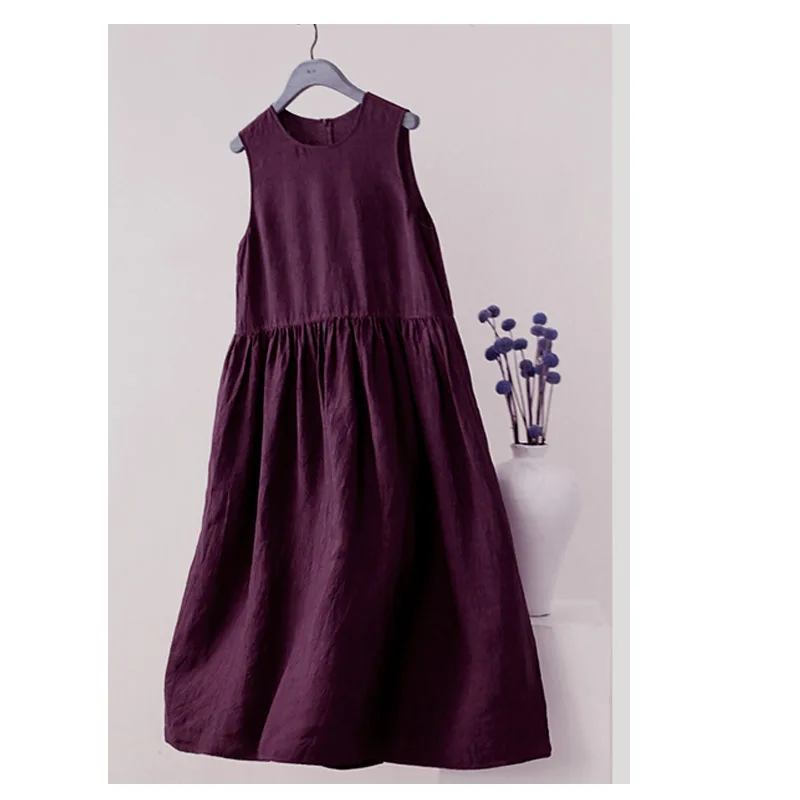 Linen Summer Women's Sleeveless Crewneck Dress Pink Vest Pullover Skirt Outside Wear Beach Play Cool Clothing