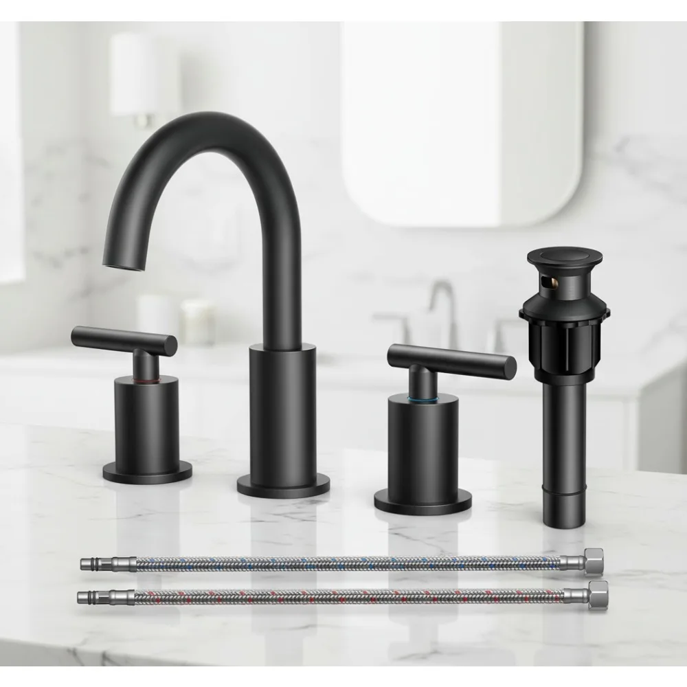 

Matte Black Bathroom Faucet 3 Hole, 8 Inch Widespread with 360° Swivel Spout, Pop-up Drain for Vanity Sink