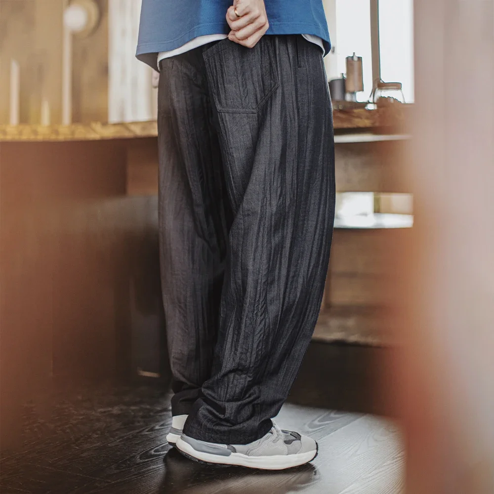 Maden Casual Cool TR Water Wave กางเกงจีบผู้ชายฤดูใบไม้ผลิและฤดูร้อนสไตล์ Cityboy กางเกงทรงหลวมพร้อมก้นเอวยางยืด