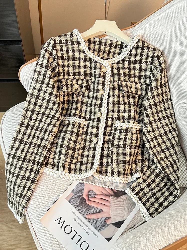 

Gagarich French Coarse Floral Plaid Long Sleeved Shirt Women Autumn Single Breasted Temperament Slimming Short Jacket Top