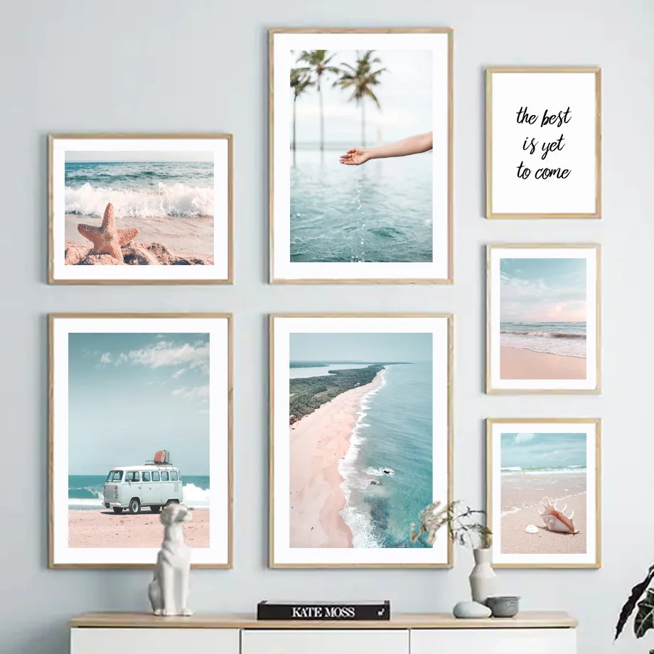 Pastel Coastal Beach Wall Art Canvas Poster Print Surf Palm Tree Vintage Van Starfish Seashell Ocean Summer Living Home Decor