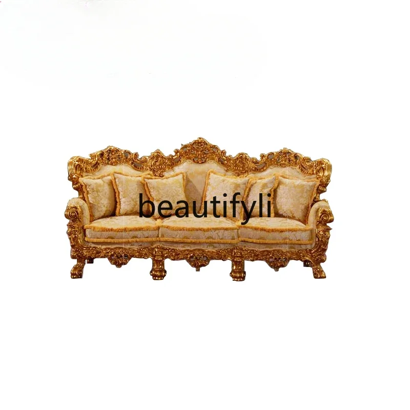 A71 French luxury three-person sofa gold foil engraved neoclassical solid wood high-end furniture customization