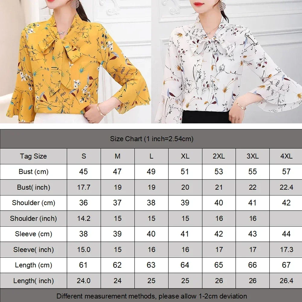 Legant Chiffon Blouse Women Office Long Sleeve Printing Women's Shirt With Bow Loose V Neck Floral Clothing Tops