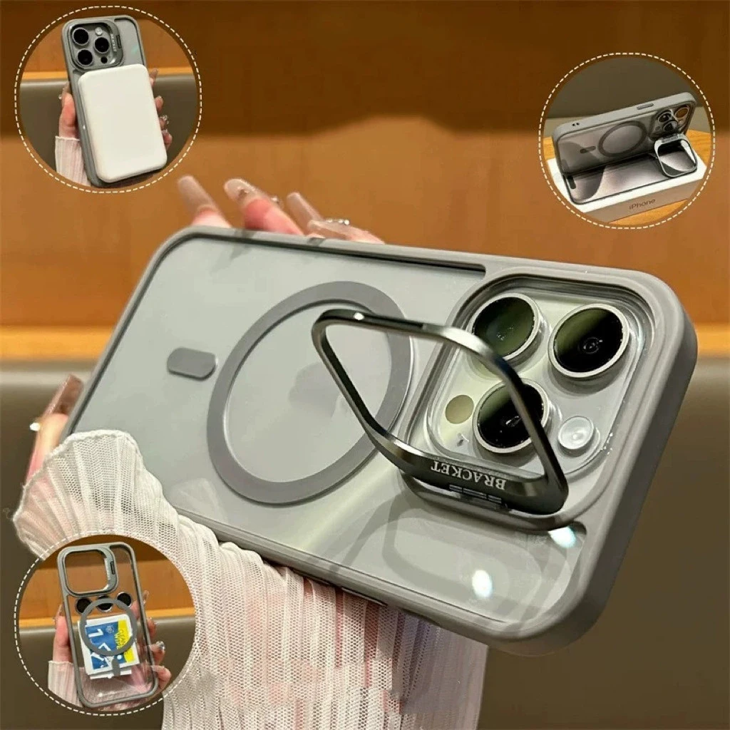 Magnetic Transparent Phone Case With Camera Stand For iPhone 17 Pro Max 16 15 14Plus 11 12 13Pro Max For MagSafe Protective Case