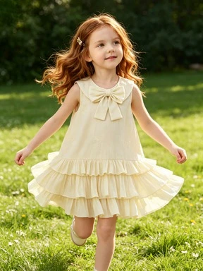 Girls' Cake Skirt 2026 New Summer Stylish Doll Collar Dress Butterfly Knot Skirt