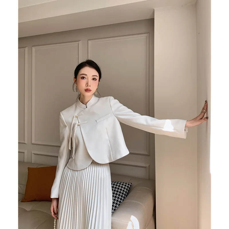 Women's Wear Top New Chinese Style Vintage Style Long-sleeved Half-open Collar Top Design Feeling Loose Pleated Skirt Two-piece