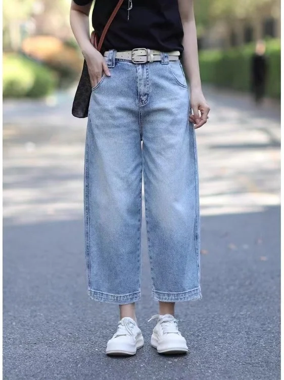 

Новые летние уникальные джинсовые широкие брюки с завышенной талией, повседневные джинсы с высокой талией восемнадцати длины от Meimei Da