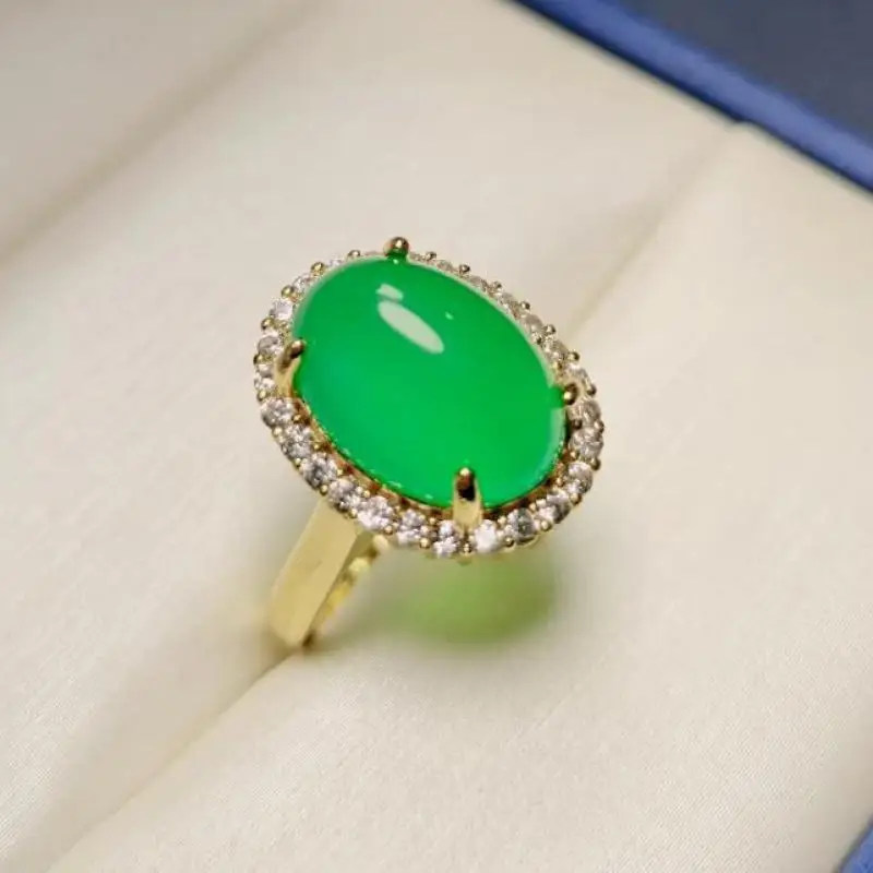 Natural Green Jade Ring Adjustable Size Women Band Genuine Chrysoprase Inlaid Zircon Jades Rings Jewelry Ladies Gifts