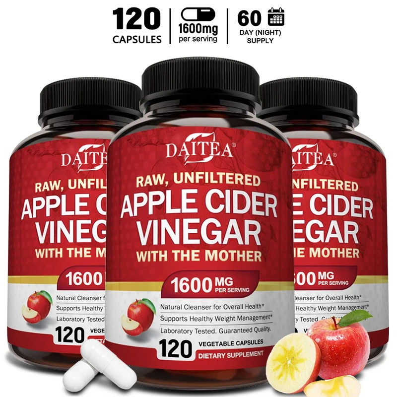 Daitea Raw Organic Apple Cider Vinegar - Gut Health, Digestion, Detox & Cleanse, Immune Supplement, Natural Vegetarian Capsules