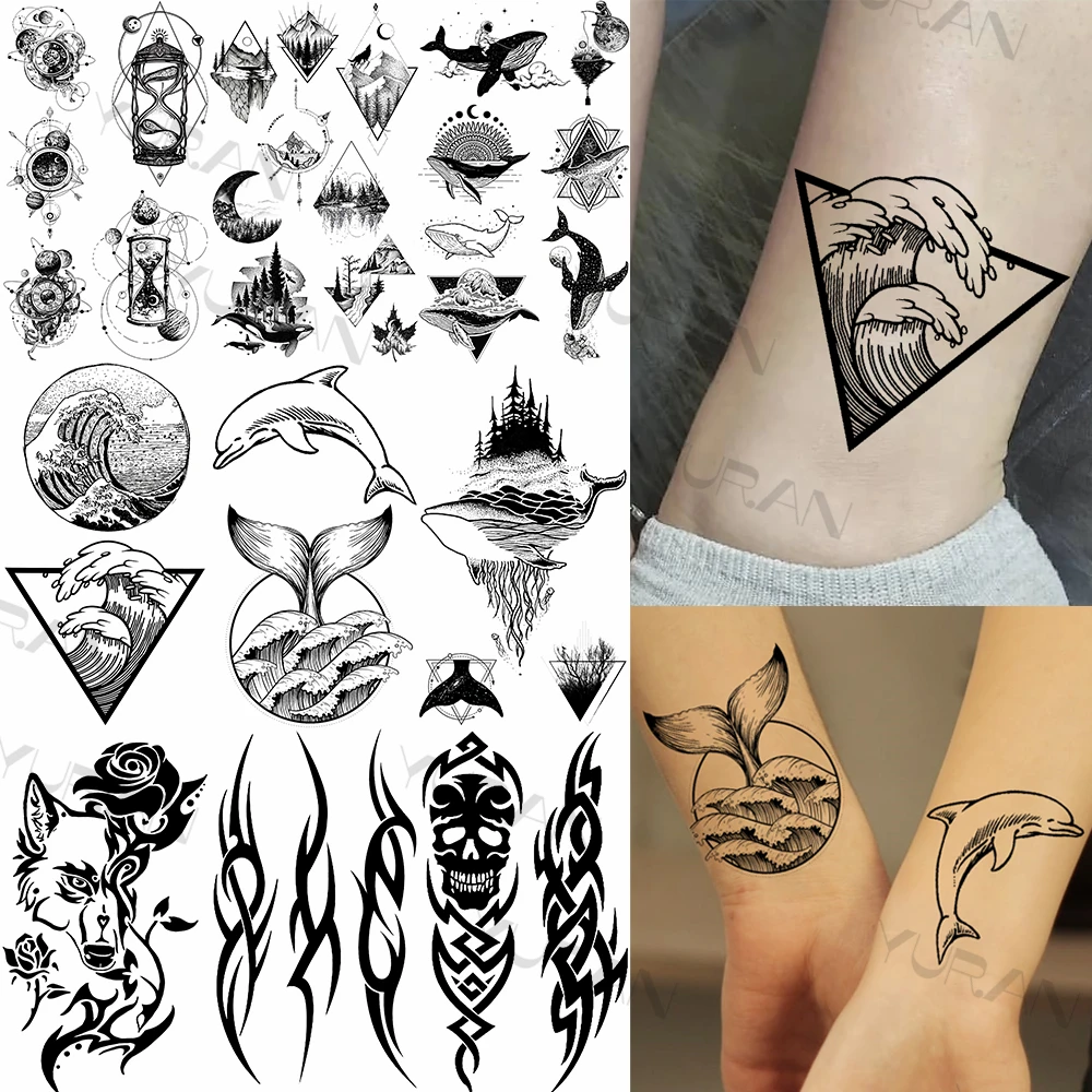 Unique Wave Whale Temporary Tattoos For Women Men Realistic Shark Wolf Totem Fake Tattoo Sticker Washable Body Art Tatoos Paste