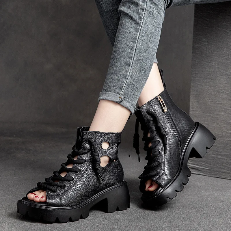 GKTINOO Women Sandals 2024 Handmade Retro Open Toe Hollow Thick Heel Platform Gladiator Sandals For Women Summer High Top Shoes