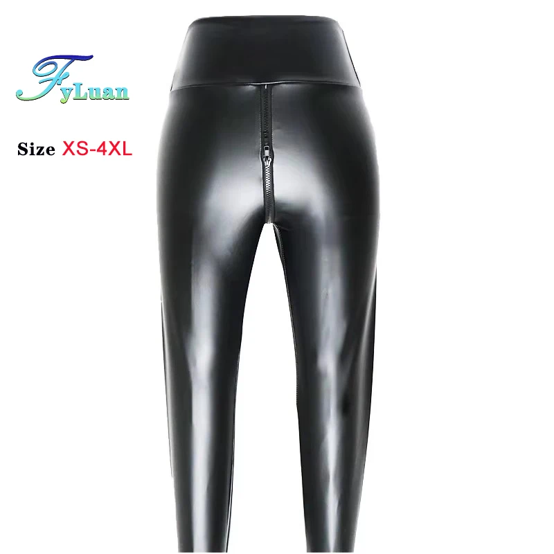 Mattschwarze Damen-Leggings aus PU-Leder mit doppeltem Reißverschluss und hoher Taille, dicke Elastion, schlanke Nachtclub-Leggings, knöchellange Hose