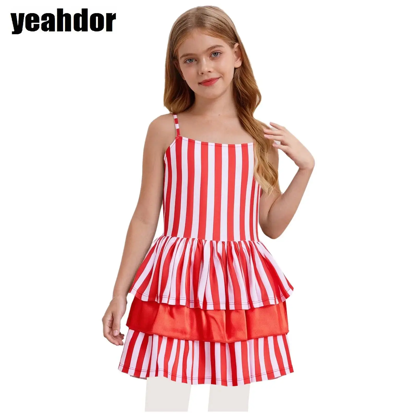 

Girl Clown Costume Candy Cane Striped Dress Layered Ruffle Puffy Leotard Dress Christmas Halloween Circus Bowknot Stripe Dress