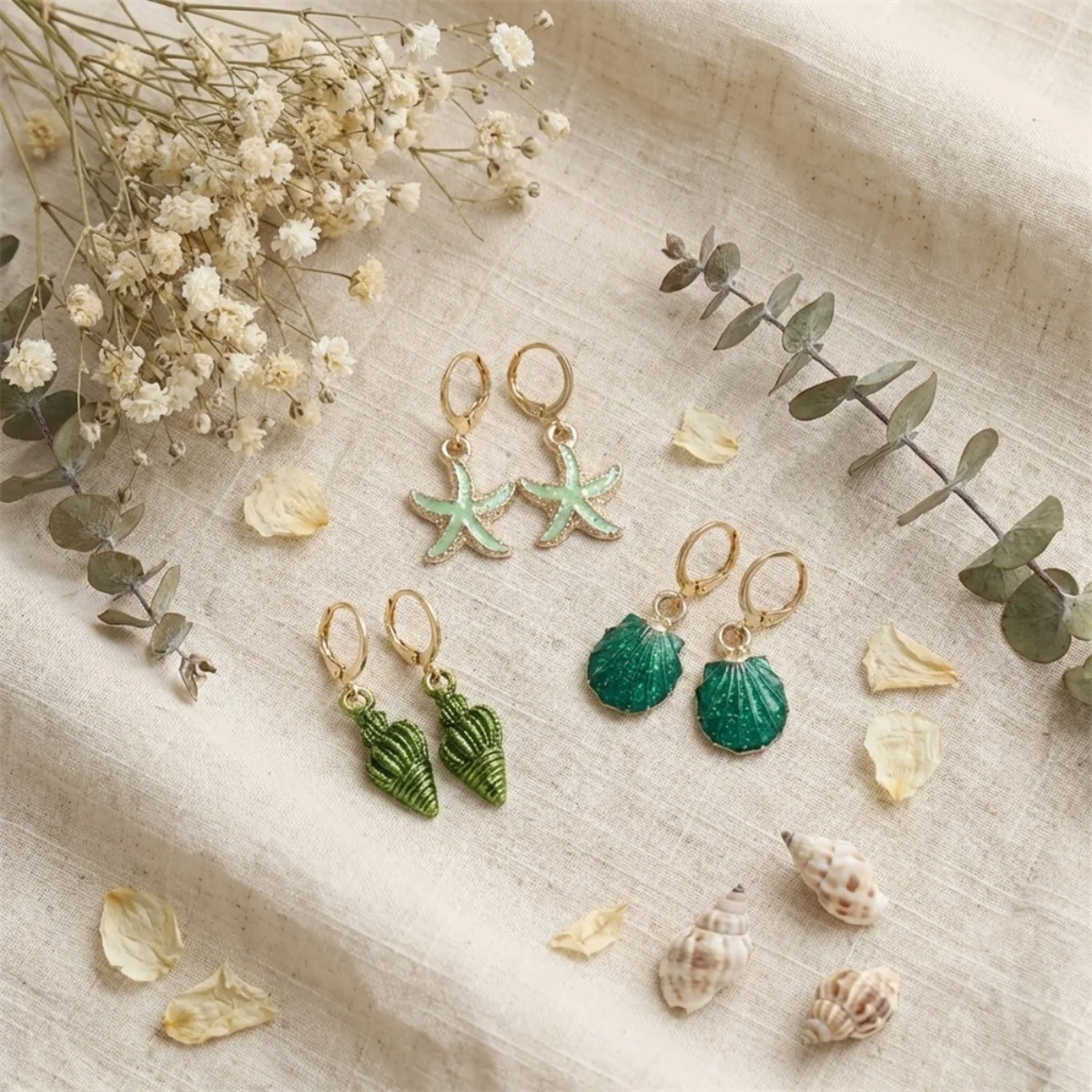 Emaille-Seestern-Muschel-Ohrhänger-Set für Damen und Herren, Bohemian Ocean Beach Sea Star Ohrringe, Urlaub, Sommer, Party, Schmuck – Detail 24