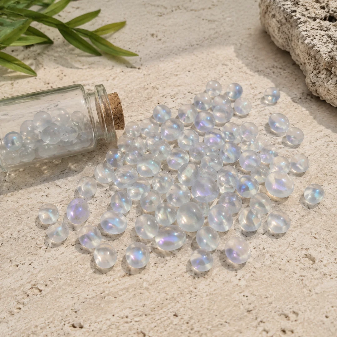Electroplated Moonstone Crystal Chips Mini Glass Bottle Rough Tumbled Gravel Stone Reiki Meditation Home Desktop Decoration Gift