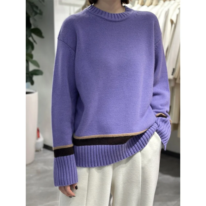 Thick round Neck Cashmere Sweater Women's Pure Cashmere All-Matching Loose Pullover Coat Purple Striped Stitching