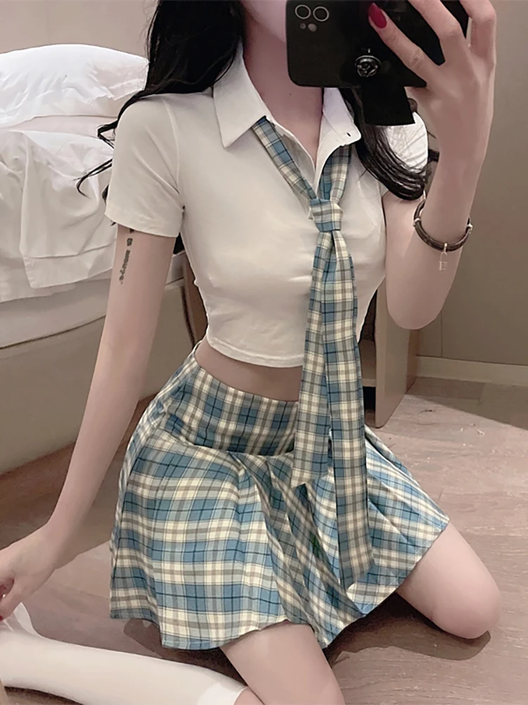 

Irabeezt High Waist Pleated Skirt Set Women Polo Collar Crop Tops + Plaid Tie + Mini Skirt Summer Sexy Preppy Style Jk Uniform