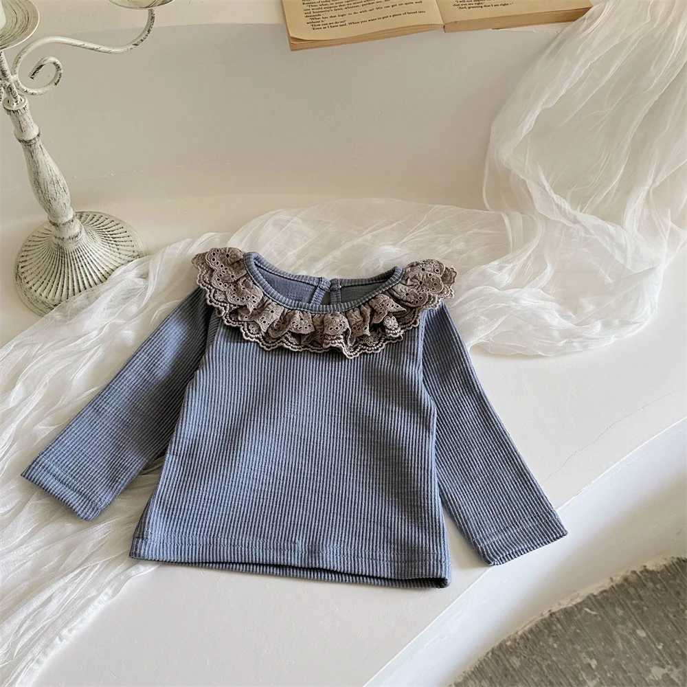 2024 Autumn New Baby Long Sleeve T Shirts Infant Girl Lace Collar Blouse Toddler Cotton Bottoming Shirts Baby Clothes 0-24M